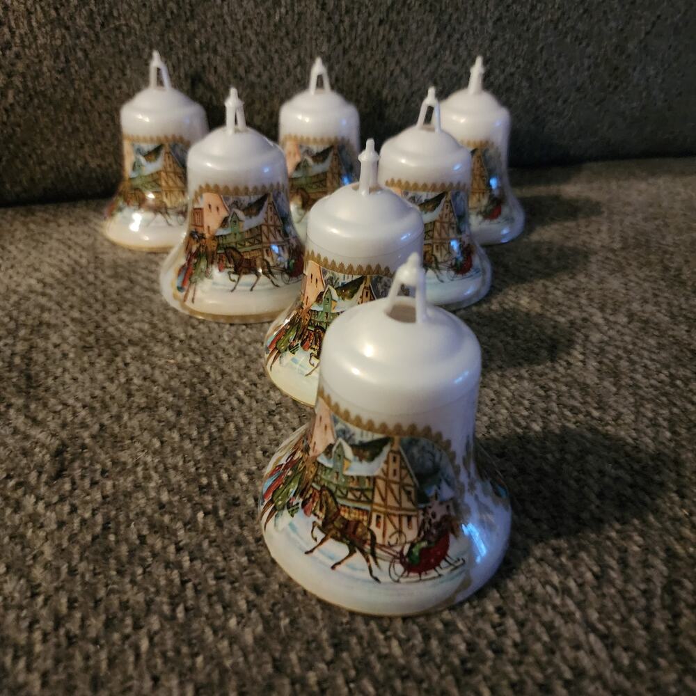 Vintage Bradford Novelty Ornaments Unbreakable Bells Sleigh Ride Set of 7